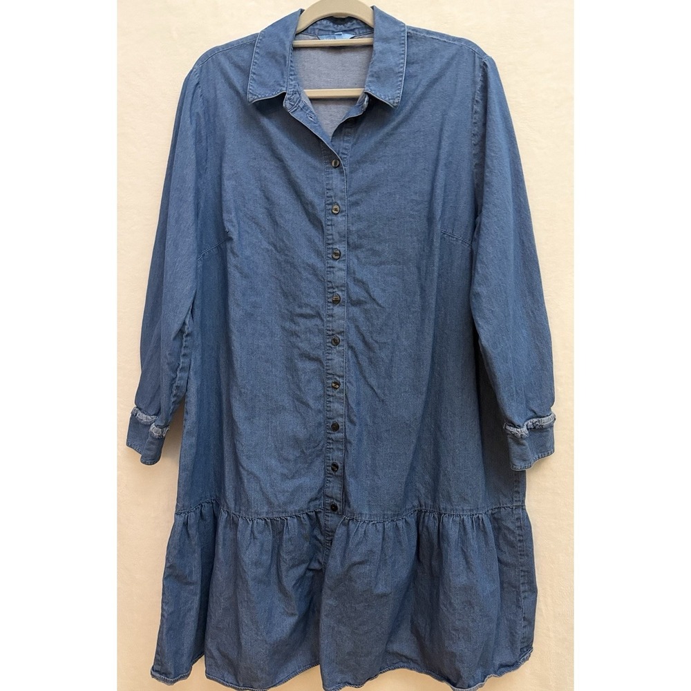 Draper James Jean Dress 16 Drop Waist Ruffles 90's Vibe‎ Retro Chambray Western